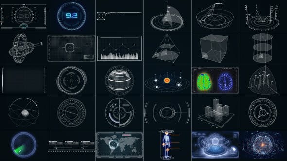 AE模板-30个复杂高科技HUD元素雷达银河系地球数据图形面板动画