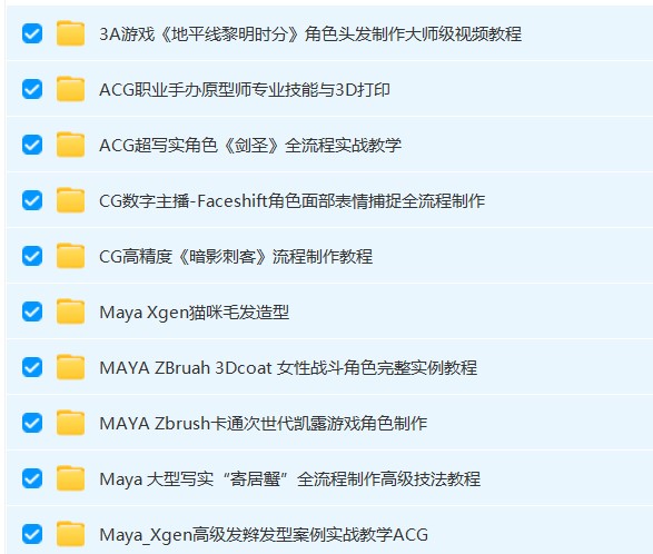 10套次世代maya精品教程*剑圣+地平先黎明是分+职业手办+CG数字主播 +暗影刺客+Xgen+女性战斗角色完整实例+卡通次世代凯露游戏角色+大型写实+高级发辫发型