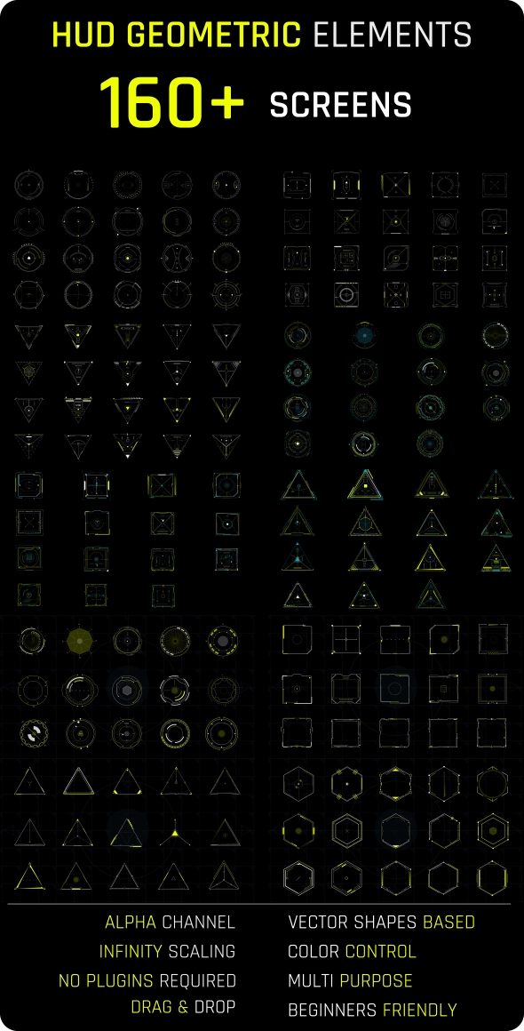 AE模板|160组未来全息投影几何HUD图形元素 HUD Elements Geometric Pack