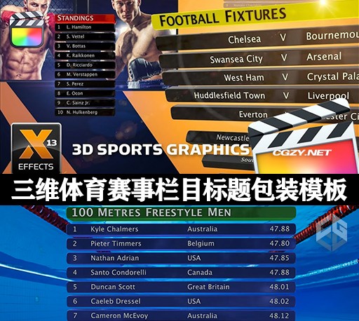 FCPX插件|24种三维竞技体育赛事栏目标题包装模板 XEffects 3D Sports Graphics