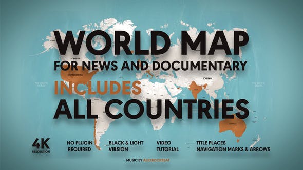 AE模板|4K世界地图旅行导航路径线标题位置标记 World Map For News and Documentary