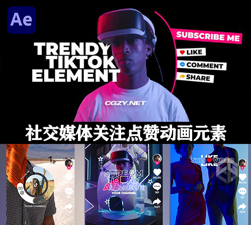 AE模板|时尚社交媒体博主关注点赞动画元素 Trendy TikTok Elements