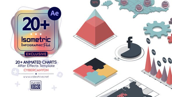 AE模板|20个等距地图柱形图饼图数据统计信息图表动画 Isometric Infographic Pack