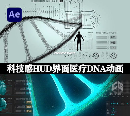 AE模板|科技感HUD界面医疗DNA动画 HUD Medical Interface Heart